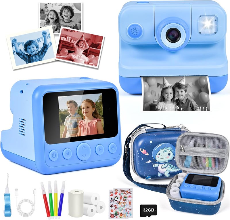 Elecoutek Kids Instant Print Camera, 30MP 1080P HD Digital Camera for Boys Girls with Color Pens & 32GB Card, Christmas Birthday Gifts Kids Toys for 3-12 Years Old (Blue) - Image 1